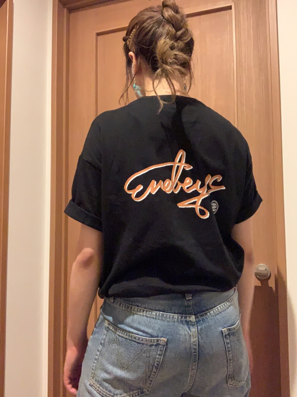 「Tシャツ、ラフ、夏だ！Tシャツ着よう！、お洒落さんとつながりたい、気まぐれ投稿、気まぐれコーデ」｜「ENEBEYCのアイテム（Tシャツ/カットソー、ブラック系）」を使った、みやさん（レディース・161cm）の夏コーディネートの1枚目の写真