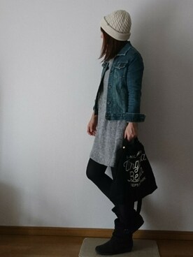 「カシミヤ」｜「アイテム（デニムジャケット）」を使った、maruさん（レディース・154cm）の秋コーディネート