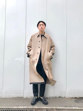 「アイテム（ステンカラーコート）」を使った、やなぎのしゅんぼさん（メンズ・176cm・20代）の春コーディネート