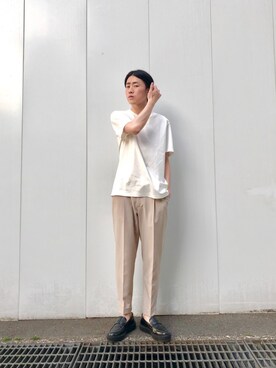 「アイテム（ローファー、グリーン系）」を使った、やなぎのしゅんぼさん（メンズ・176cm）の春コーディネート