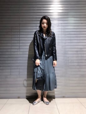 「URBAN RESEARCH（アーバンリサーチ）のレザーライダースブルゾン（ライダースジャケット）」を使った、たなかまいさん（レディース・168cm）の秋コーディネート
