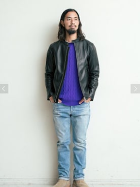 「BEAUTY&YOUTH UNITED ARROWS（ビューティーアンドユースユナイテッドアローズ）のアイテム（ニット/セーター、パープル系）」を使った、Tomoyoshi Tsuchiyaさん（メンズ・175cm）の冬コーディネート