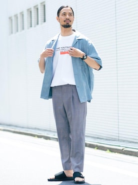 「BEAUTY&YOUTH UNITED ARROWS（ビューティーアンドユースユナイテッドアローズ）のBY スエードタッチ ワイドフォルム シャツ（シャツ/ブラウス、ブルー系）」を使った、Tomoyoshi Tsuchiyaさん（メンズ・175cm）の春コーディネート