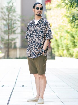 「BEAUTY&YOUTH UNITED ARROWS（ビューティーアンドユースユナイテッドアローズ）のBY ソリッド ナイロン ショートパンツ（その他パンツ、グリーン系）」を使った、Tomoyoshi Tsuchiyaさん（メンズ・175cm）の春コーディネート