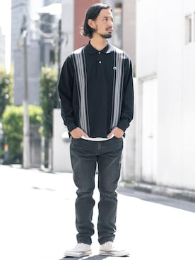 「BEAUTY&YOUTH UNITED ARROWS（ビューティーアンドユースユナイテッドアローズ）のBY  ビンテージウォッシュ BLK 5P デニムパンツ ドロップ -MADE IN JAPAN-（デニムパンツ、ブラック系）」を使った、Tomoyoshi Tsuchiyaさん（メンズ・175cm）の秋コーディネート