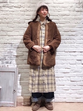 「ボア」｜「アイテム（シャツワンピース）」を使った、いっしき🐻さん（レディース・163cm）の秋コーディネート