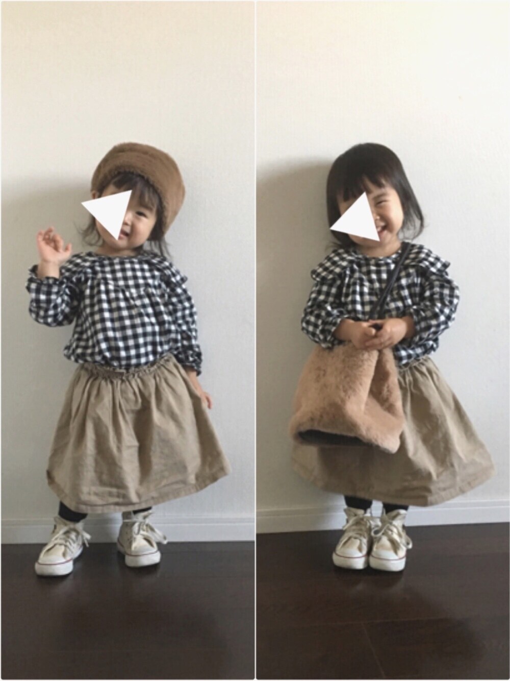「キッズファッション、ギンガムチェック、リンネル、ファーバッグ、ベージュ、kids」｜「HELIOPOLEのアイテム（ショルダーバッグ、ベージュ系）」を使った、Ripiさん（キッズ・90cm）の冬コーディネートの1枚目の写真