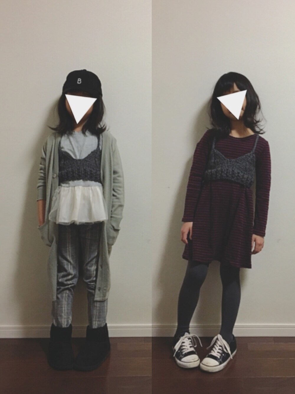 「神ビスチェ、かなぼんmade、キッズコーデ、小学生、ユニクロ、UNIQLO、ボーター、西松屋、グレンチェック」｜「petit mainの無地キャミソール×フリルつきハイネックTシャツセット（Tシャツ/カットソー、ブルー系）」を使った、Ripiさん（キッズ・122cm）の冬コーディネートの1枚目の写真