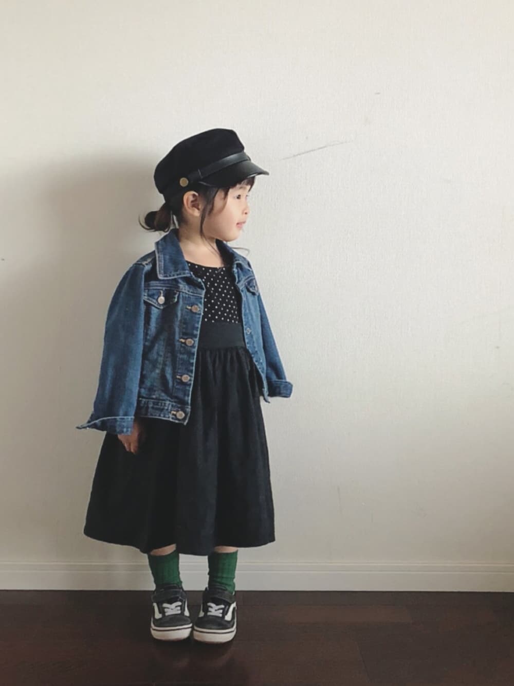 「マリンキャップ、yu_naばぁばmade、グリーン、ドット、ZARA、ZARA KIDS、Gジャン」｜「韓国子供服のアイテム（帽子、ブラック系）」を使った、Ripiさん（キッズ・90cm）の春コーディネートの1枚目の写真