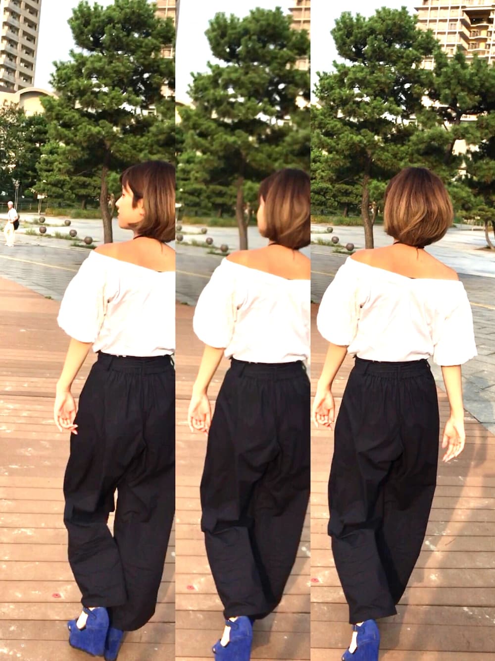 「オフショル」｜「LOWRYS FARMのTストウエッジサンダル　522352（サンダル、ブルー系）」を使った、なつさん（レディース・157cm）の夏コーディネートの1枚目の写真