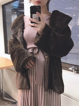 「natural couture（ナチュラルクチュール）の配色ニットプリーツワンピース（ワンピース）」を使った、MiZUKiさん（レディース・162cm）の冬コーディネート