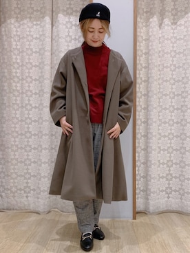 「赤ニット」｜「アイテム（ノーカラーコート）」を使った、Shinommyさん（レディース・158cm）の冬コーディネート