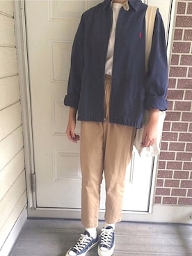 「LOWRYS FARM（ローリーズファーム）の８０ミコチノテーパードパンツ　744464 （チノパンツ）」を使った、honokaさん（レディース・166cm）の秋コーディネート