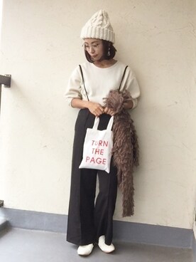 「ワッフルクルーネックＴ」｜「アイテム（オールインワン・サロペット）」を使った、emiko☆さん（レディース・155cm）の秋コーディネート