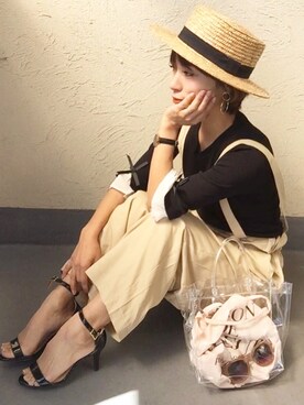 emiko☆さんの「麦わらｶﾝｶﾝ帽」を使ったコーディネート