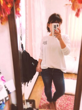 「Ungrid（アングリッド）のインディゴフレイドヘムストスリ（デニムパンツ）」を使った、u3pさん（レディース・150cm）の秋コーディネート