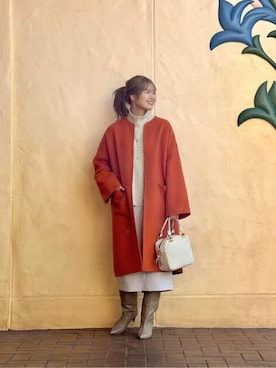 「アイテム（ノーカラーコート、オレンジ系）」を使った、krn563さん（レディース・162cm）の冬コーディネート