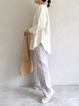 「copine（コピン）の着回し力抜群前後2way♪オーバーサイズワッフルヘンリーネックトップス(2color）【クリックポスト対象商品】（Tシャツ/カットソー）」を使った、ikuさん（レディース・161cm）の春コーディネート