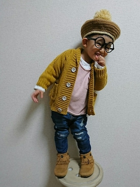 「カウチンセーター」｜「アイテム（ハンチング/ベレー帽）」を使った、あお✳さん（キッズ・80cm）の冬コーディネート