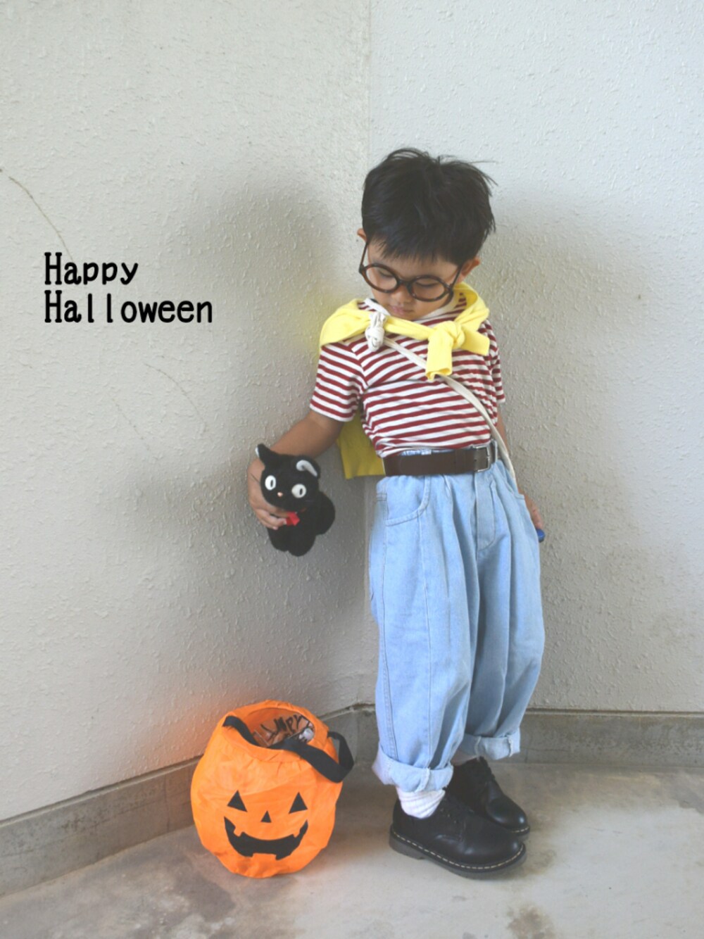 「あずきいろまつり2018、wearhalloween2018、ボーダー、ハロウィン、halloween、仮装、コスプレ、魔女の宅急便、親子でおそろい、カーディガン肩かけ」｜「リアルあおmadeのアイテム（フィギュア、ブルー系）」を使った、あお✳さん（キッズ・100cm）の秋コーディネートの1枚目の写真