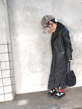 「ドットワンピ」｜「アイテム（ライダースジャケット）」を使った、あお✳さん（レディース・156cm）の冬コーディネート