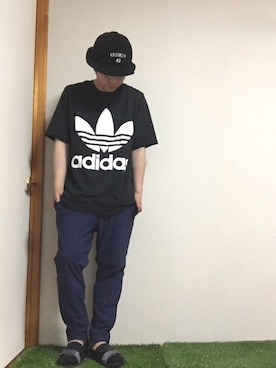 「adidas（アディダス）の【adicolor】オリジナルス Tシャツ[AC BOXY TEE]（Tシャツ/カットソー、ブラック系）」を使った、hirocazuさん（メンズ・168cm）の夏コーディネート