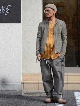 「ISAMU KATAYAMA BACKLASH（イサムカタヤマバックラッシュ）のアイテム（カーゴパンツ）」を使った、Mojaさん（メンズ・166cm）の冬コーディネート