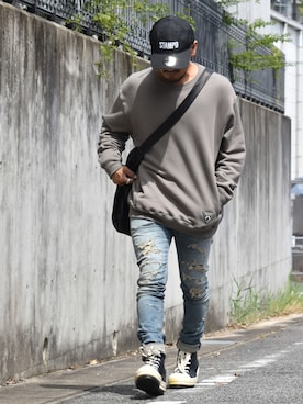 「ISAMU KATAYAMA BACKLASH（イサムカタヤマバックラッシュ）のアイテム（バッグ）」を使った、Mojaさん（メンズ・166cm）の夏コーディネート