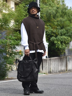 「ISAMU KATAYAMA BACKLASH（イサムカタヤマバックラッシュ）のアイテム（バッグ）」を使った、Mojaさん（メンズ・166cm）の秋コーディネート