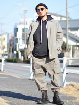 「ISAMU KATAYAMA BACKLASH（イサムカタヤマバックラッシュ）のアイテム（ブルゾン）」を使った、Mojaさん（メンズ・166cm）の冬コーディネート