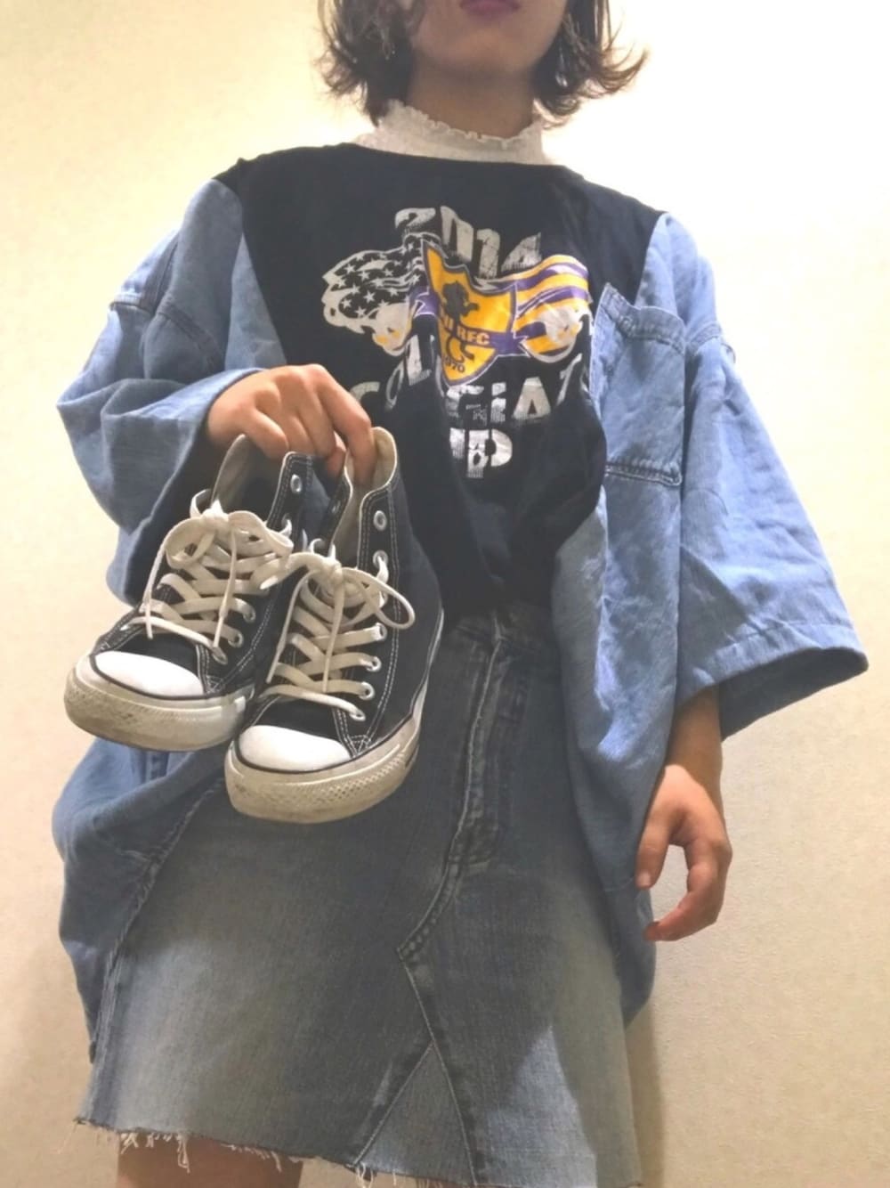 「夏セールで買いました、＃デニム、GU、古着、SEVENS、スニーカー、converse」｜「CONVERSEのアイテム（スニーカー、ブラック系）」を使った、PECOPECOさん（レディース・158cm）の夏コーディネートの1枚目の写真