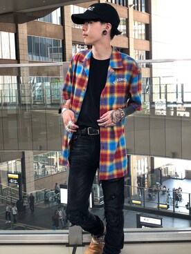 「PLEASURES（プレジャー）のPLEASURES/プレジャーズ/SHADOW PLAID S/S BUTTONUP SHIRTS（シャツ/ブラウス）」を使った、クロカワ　リオさん（メンズ・170cm）の夏コーディネート