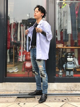 「DANKE SCHON（ダンケシェーン）のDankeSchone/ダンケシェーン/Stripe Albert S/S SHIRTS(ショートスリーブシャツ)（シャツ/ブラウス）」を使った、クロカワ　リオさん（メンズ・170cm）の夏コーディネート