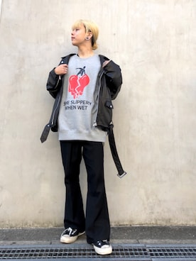 「WHITELAND（ホワイトランド）のアイテム（ライダースジャケット）」を使った、クロカワ　リオさん（メンズ・170cm）の秋コーディネート