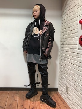 「WHITELAND（ホワイトランド）のアイテム（ライダースジャケット）」を使った、クロカワ　リオさん（メンズ・170cm）の冬コーディネート