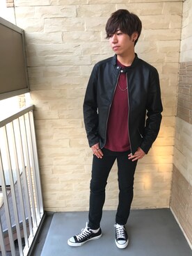 「roshell（ロシェル）のアイテム（ライダースジャケット）」を使った、ｉｓａｏｗさん（メンズ・174cm）の秋コーディネート