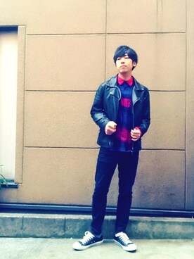 「アイラブCONVERSE」｜「アイテム（ライダースジャケット）」を使った、ｉｓａｏｗさん（メンズ・174cm）の冬コーディネート