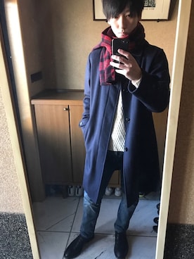 「静岡」｜「アイテム（ステンカラーコート）」を使った、やましぃさん（メンズ・173cm）の冬コーディネート