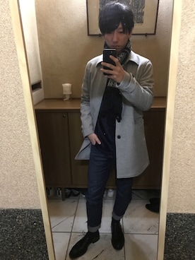「静岡」｜「アイテム（ステンカラーコート）」を使った、やましぃさん（メンズ・173cm）の冬コーディネート