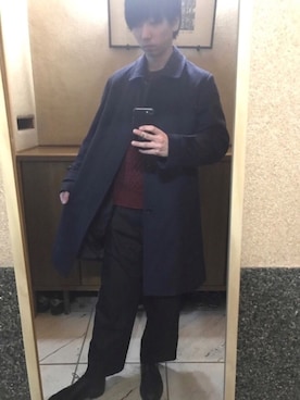 「静岡」｜「アイテム（ステンカラーコート）」を使った、やましぃさん（メンズ・173cm）の冬コーディネート