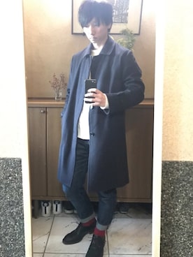 「静岡」｜「アイテム（ステンカラーコート）」を使った、やましぃさん（メンズ・173cm）の冬コーディネート