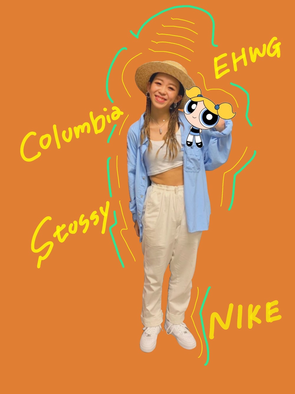 「ダンス衣装、コロンビア、古着ミックス、stussy、サマーパンツ、NIKE、airforce1、爽やかコーデ、イーハイフンワールドギャラリー(E hyphen world gallery)、カンカン帽」｜「Columbiaのアイテム（ジャケット/アウター、ブルー系）」を使った、Mikuさん（レディース・154cm）の夏コーディネートの1枚目の写真