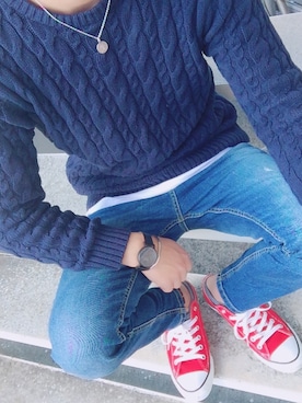 「GU（ジーユー）のアイテム（ニット/セーター、ブルー系）」を使った、しんさん（メンズ・171cm）の冬コーディネート