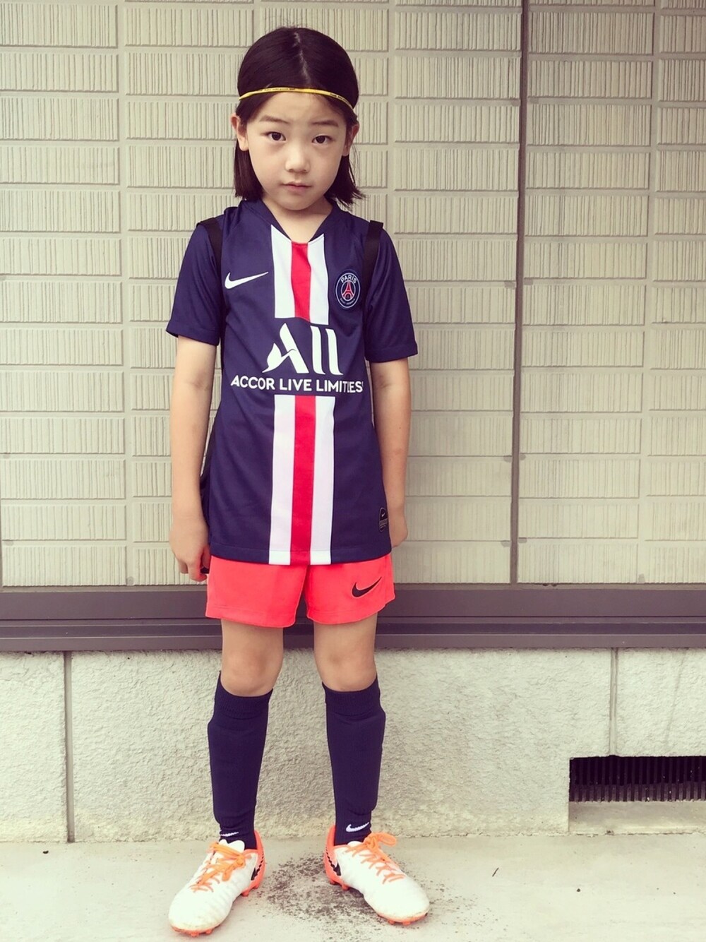「スポーツミックス、サッカー、Paris Saint-Germain、ナイキ、devirock」｜「NIKEのParis Saint-Germain × NIKE STADIUM HOME SHIRT 19/20 - JUNI（Tシャツ/カットソー、ブルー系）」を使った、eightmaaanさん（キッズ・125cm）の夏コーディネートの1枚目の写真