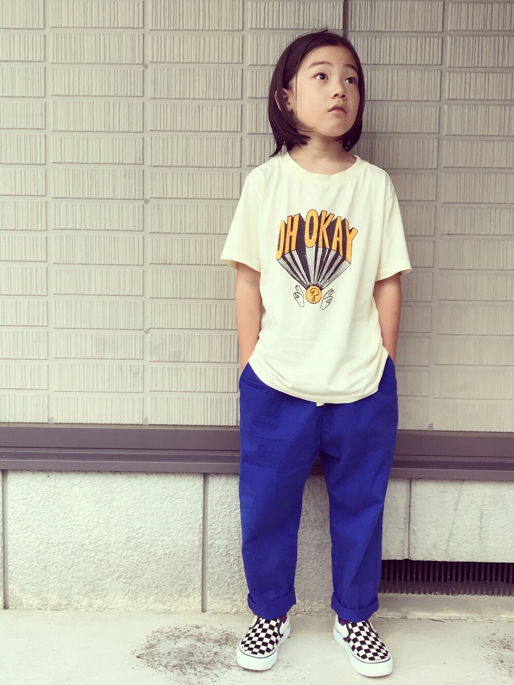 「VANS、スリッポン、main story、repose ams、カジュアルコーデ、夏セールで買いました」｜「VANSのキッズ VANS ヴァンズ SLIP ON スリッポン V98CK (19-22) BLK/WHT CHK（スリッポン、ブラック系）」を使った、eightmaaanさん（キッズ・125cm）の夏コーディネートの1枚目の写真