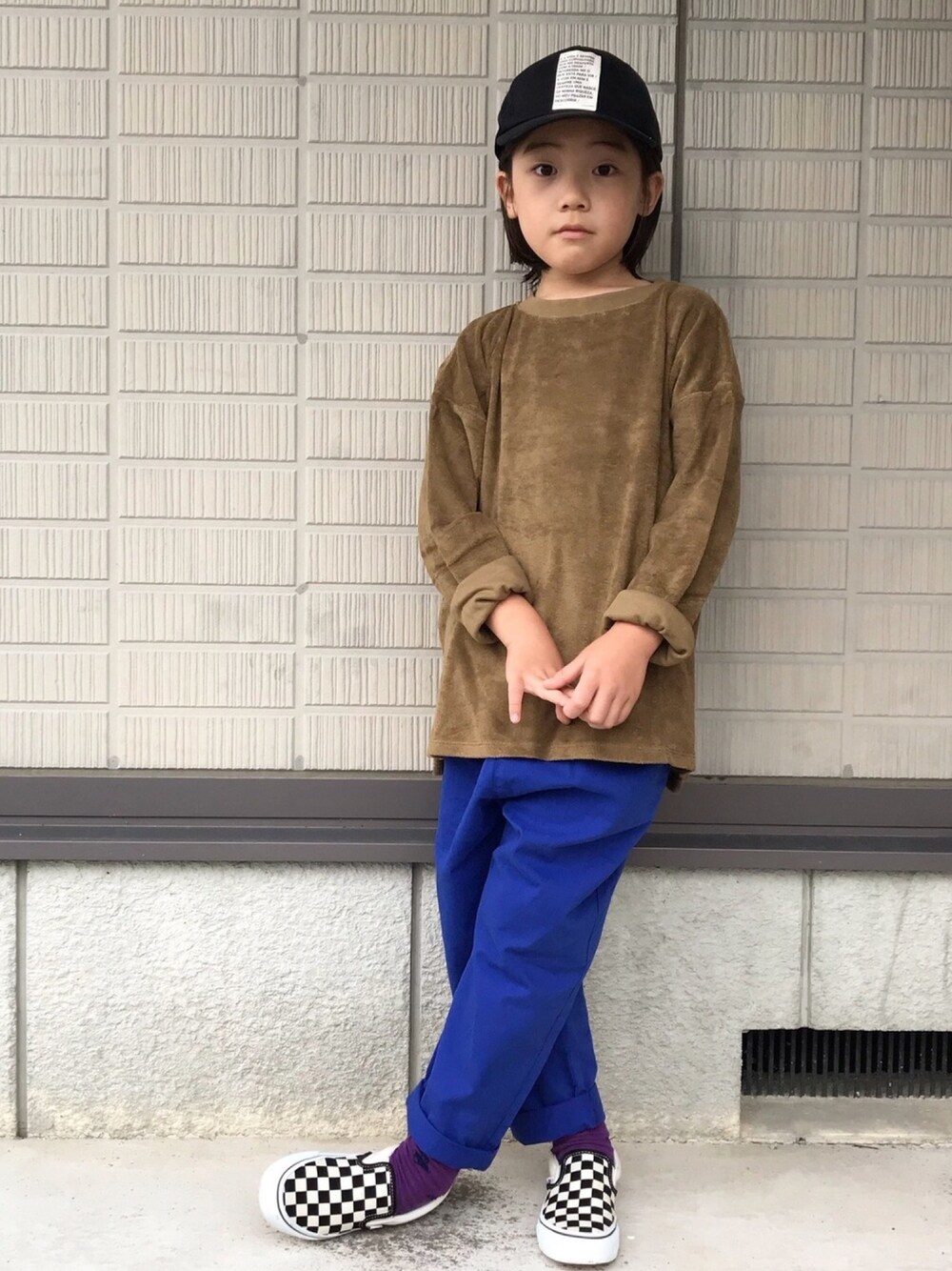 「main story、夏セールで買いました、VANS、スリッポン、パイル」｜「WOLF&RITAのアイテム（キャップ、ブラック系）」を使った、eightmaaanさん（キッズ・125cm）の夏コーディネートの1枚目の写真