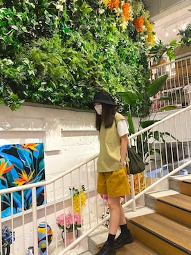 「mujiのアイテム（ハンチング/ベレー帽、ブラック系）」を使った、abigailawさん（レディース・160cm）の夏コーディネート