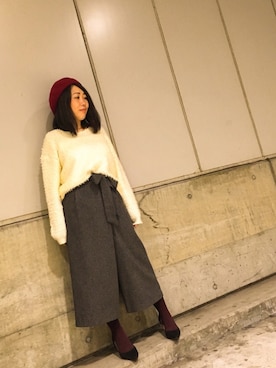 「アイテム（ハンチング/ベレー帽、レッド系）」を使った、じゅんさん（レディース・150cm）の冬コーディネート