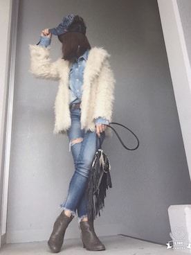 「Ungrid（アングリッド）のフレイドヘムストスリ（デニムパンツ）」を使った、cheryさん（レディース・156cm）の冬コーディネート