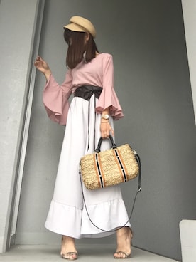 「niko and...（ニコアンド）のオリジナル ミニラインテープカゴバッグ【niko and...】（かごバッグ）」を使った、cheryさん（レディース・156cm）の春コーディネート